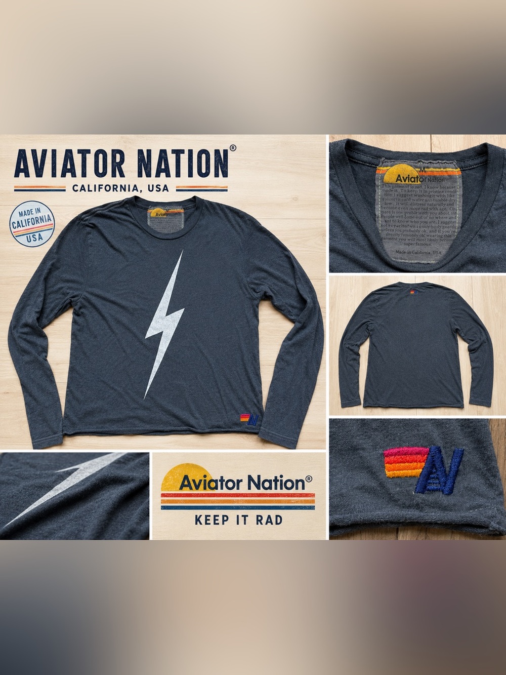 Aviator Nation Lightning Bolt Long Sleeve Tee Gray Graphic Shirt Women’s Medium